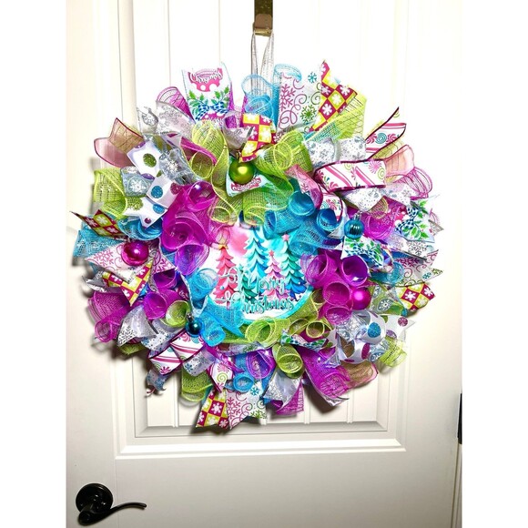 Handmade Bright Merry Christmas Holiday Ribbon Door Wreath 22 ins W54 Pink Blue - Picture 9 of 9